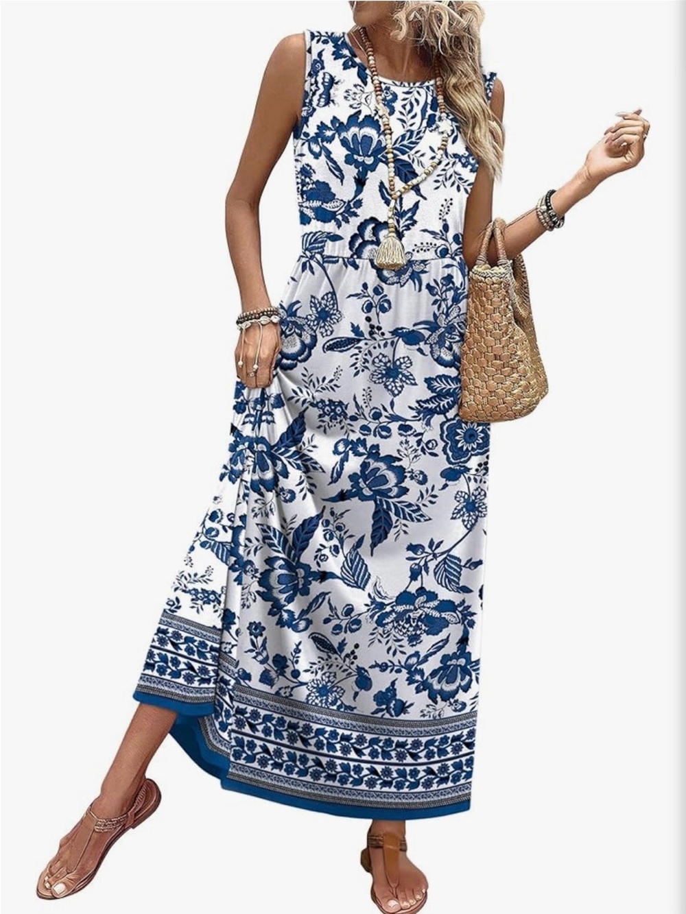Sleeveless White and Blue Floral Maxi Dress with Border Print